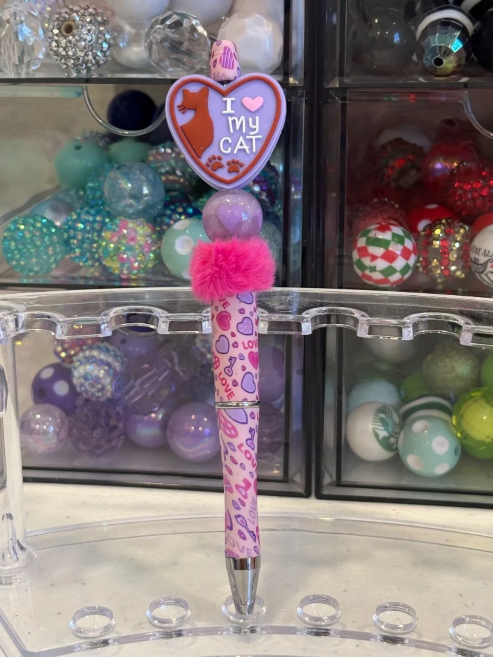 Handmade I Love My Cat Beaded Pen